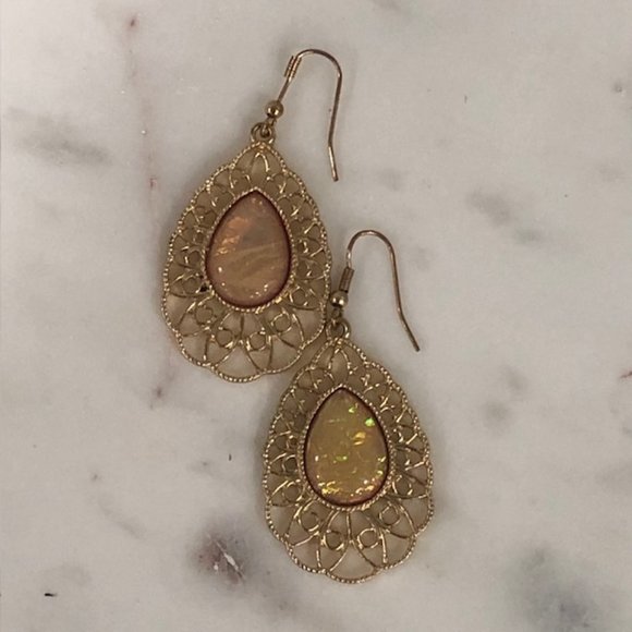 Gold Dangling Earrings with Shiny Orange Stone - Versatile, Dress Up or … - Picture 2 of 3